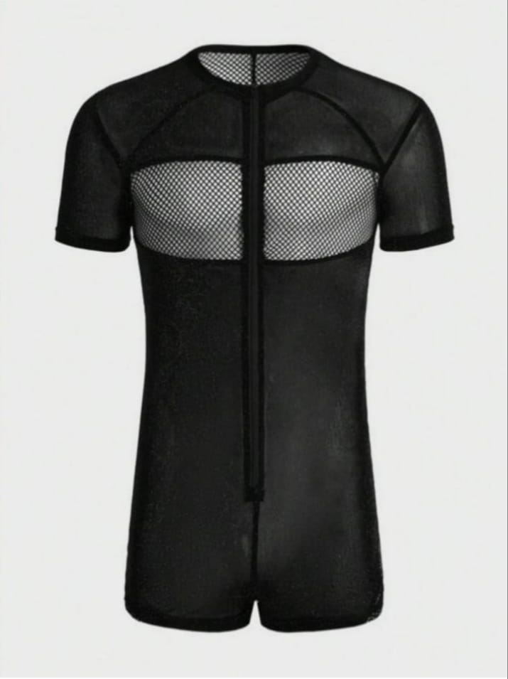 Men's Rhinestone Mesh Sheer V-Neck Zipper Collar Lounge Romper